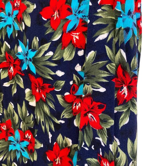 Vintage 80s Blue Red Hawaiian Floral Flowing Rayon Sheath Sundress Size Medium - Picture 12 of 15